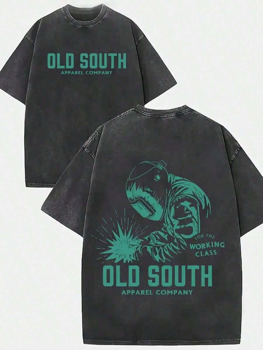 "Durable Structure" Men's Old South Welding Master Retro Pattern T-Shirt, 100% Cotton Double-Sided Floral Print, Crew Neck, Cyan, Casual Street Style Tee LUEJ - màu đen - Xem 1