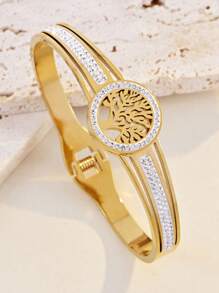 1pc 18K Gold Plated Stainless Steel Fashion Tree Of Life Bracelet, Elegant Accessory