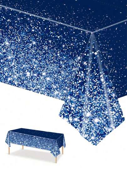 3 Stücke/1 Stück 137*274cm Einweg Party Tischdecke, Blau Farbverlauf Glitzer Muster Tischdecke, geeignet für kariertes Themenparty und tägliche Dekoration