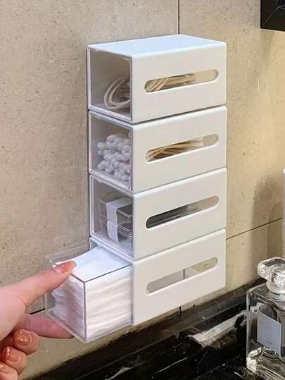 4件/3件/2件/1件装壁挂式棉签收纳盒，化妆品收纳盒，首饰盒，塑料收纳架，用于整理和存放棉签、牙线、发圈、发夹、化妆棉、粉扑、口红等物品，适用于家庭、宿舍、商业场所、浴室、房间装饰，也可作为圣诞礼物或浴室配件。