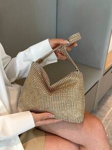 2025新款跨境仿网钻打结腋下新月包，水钻点缀单肩派对晚宴包 - 金色 - 查看 2