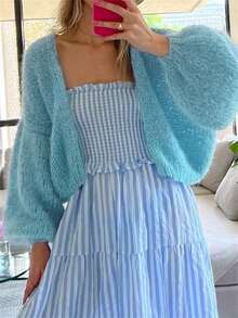 Women's Fuzzy Knit Sweater Long Lantern Sleeve Open Front Solid Color Cardigan Fall Coat - Blue - View 2