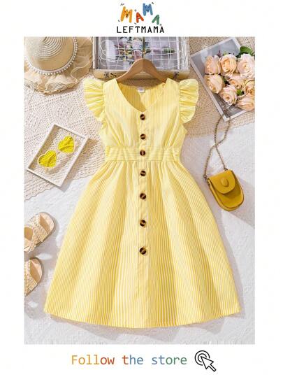 Left Mama Tween Girl Fresh Striped Cap Sleeve V-Neck Cinched Waist Dress For Summer
