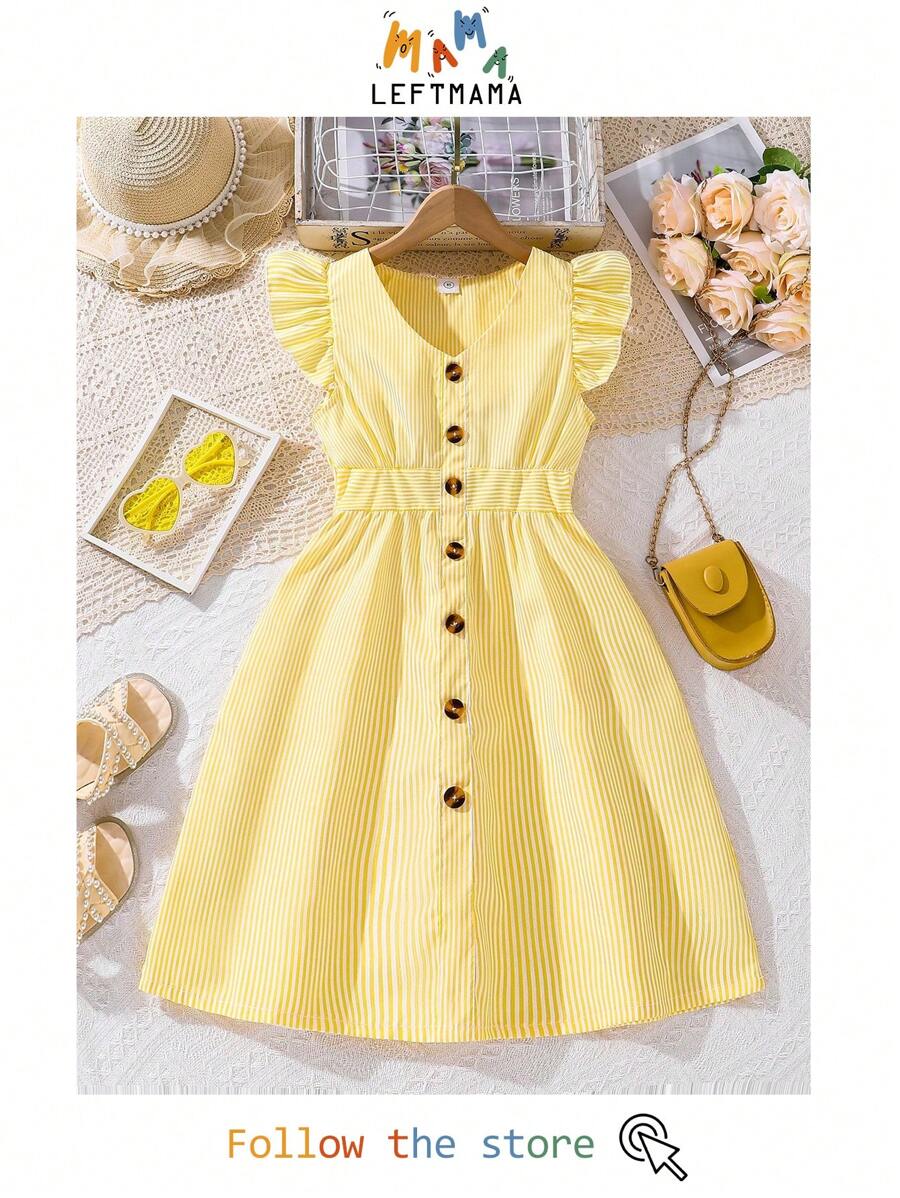 Left Mama Tween Girl Fresh Striped Cap Sleeve V-Neck Cinched Waist Dress For Summer