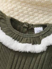 2pcs Set Baby Girls Casual Elegant Cute White Fluffy Collar Dark Green Long Sleeve Bodysuit Dress Outfit And Bowknot Long Socks, Spring/Autumn - Dark Green - View 3