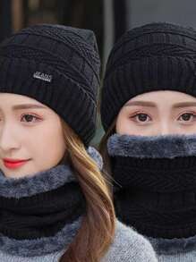 1 Set Women Outdoor Solid Color Fleece Lined Knit Beanie Hat & Scarf, Unisex Suitable For Outdoor, Street, Daily Use, Fashion Versatile Knitted Hat, Ideal Gift (Random Black Fuzzy Scarf)