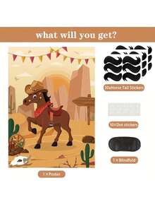 1 Set "Pin The Tail On The Horse" Game, Includes 30 Reusable Tails, 1 Large Western Cowboy Horse Game Poster, Suitable For Cowboy Parties, Western Birthday Parties, Carnival Events - Multicolor - View 3