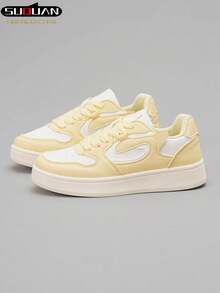 1 Pair Women's Lace-Up Casual Sneakers, New 2025 Model, Versatile Sports Shoes, Thick Sole Skateboard Shoes - Yellow - View 9