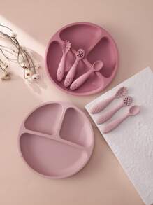 PopLittleOne 4PCS Baby Silicone Tableware Sets Suction Baby Dishes Soft Kids Utensils Feeding Training Baby Meal Tray Non-Slip Three-Frame Plate For Boy Girl - Multicolor - View 7