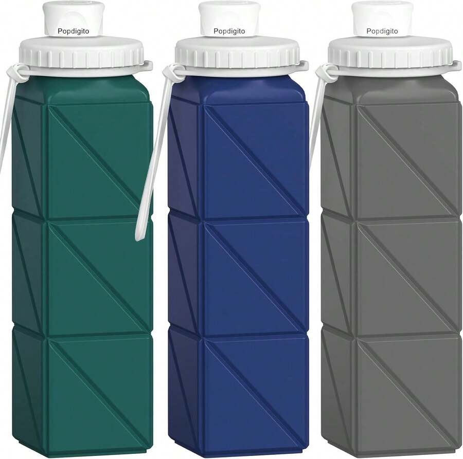 3 Pack Collapsible Water Bottles,Silicone Foldable Portable Water Bottle 20.6oz, Lightweight Reusable Leakproof For Travel Hiking Camping Cycling Workouts Yoga Fitness Indoor Outdoor Sports,9744241 - 墨綠色 - 查看 1