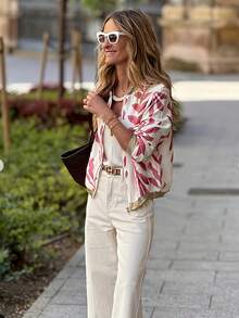 女士时尚春夏轻薄拉链飞行员夹克，休闲外套；女士修身长袖棒球领夹克，适合初秋穿着 - 紅白色 - 查看 1