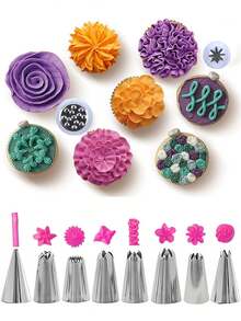 14件套不锈钢裱花嘴和蛋糕转盘套装，8个裱花嘴，1个可重复使用的裱花袋，1个转换器，1个奶油挤压器，3个奶油刮刀，不锈钢蛋糕装饰用品套装，糖霜裱花嘴，裱花袋，转换器和刮刀，蛋糕装饰，裱花嘴，糕点，纸杯蛋糕，烤盘装饰，烘焙工具，裱花工具，蛋糕工具，厨房小工具，多功能蛋糕烘焙工具，以及奶油，适合制作生日或日常家庭纸杯蛋糕。 - 彩色 - 查看 2