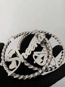 1 Pair Of 7cm Large Hoop Earrings, Customized Name, Text, Personalized Earrings, 18k Gold Fashion Jewelry Stainless Steel, Nameplate Bamboo Earrings - Gold Name Circle - Large Circle Earrings Thanksgiving Christmas - Silver - View 3