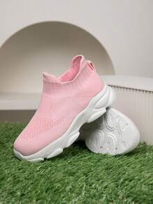 1双儿童运动鞋，透气、弹性、柔软、减震、速干、轻便、防滑，混合材质，休闲街头风，适合跑步、散步、上学等场合，针织面料 - 粉色 - 查看 6