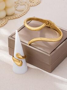 2pcs Minimalist & Elegant Teardrop Shaped Women Jewelry Set, Includes 1 Cuff Bracelet And 1 Open Ring, Suitable For Daily Life And Party Wear, Great Gift For Ladies