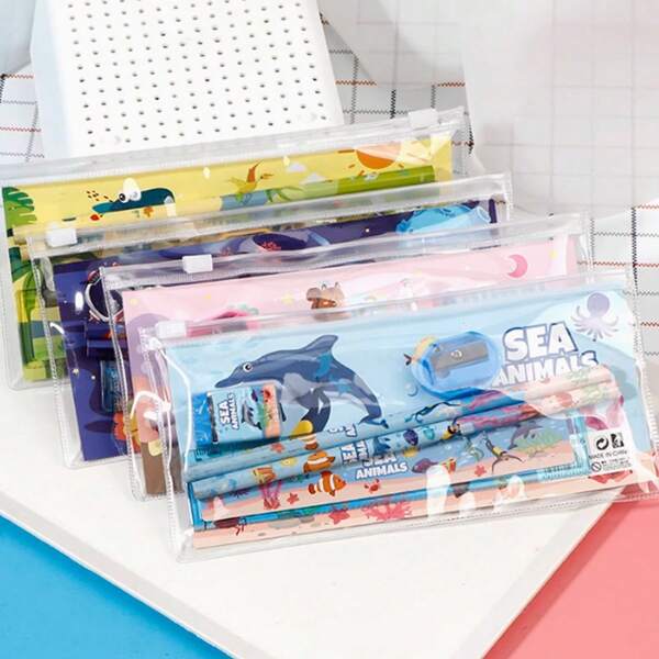 1pc Minimalist Transparent Zipper Pencil Case, Stationery Set For Elementary School Students, Gift Pack