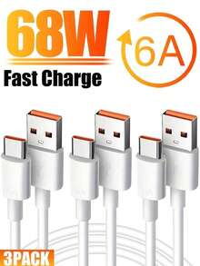 68W 6A USB A 转 Type C 充电线，3 条装/2 条装/1 条装，3.3 英尺/6.6 英尺 USB-C 充电数据线，兼容三星 Galaxy S25/S24/S23/S22/S21/S20 等智能手机，USB-C 充电数据线，手机 Type C 充电线 - 白色 - 查看 1
