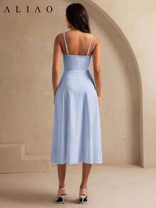 Aliao Elegant 3D Flower Sleeveless Sling Women's Dress, Wedding Guest Dress, Prom Party Dress, Bridal Shower Dress, Brunch Outfits For Women - Dusty Blue - View 6