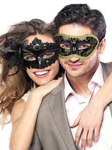 2pcs/Set Party Masquerade Masks, Men & Women Lace Masks, Holiday Supplies, Costume Props, Eye Decoration, Halloween - A - View 7