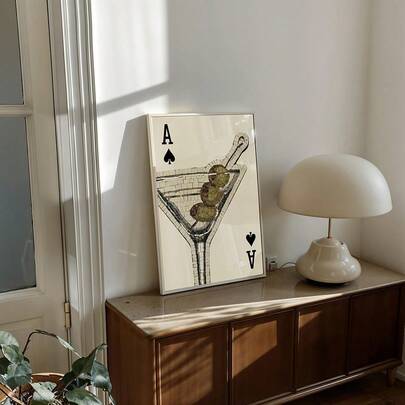 1pc Ace Card Martini Wall Art Painting, Canvas Oil Painting, Super Dirty Mosaic Martini Cocktail Poster, Minimalist Decor, Suitable For Bedroom, Bar Cart, Living Room, Room Decoration, Framed Or Unframed