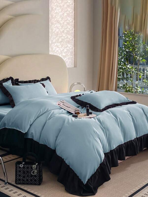 1 Housse de couette + 2 taies d'oreiller Ensemble de 3 pièces, Bleu clair volantée, Douce et confortable, Convient pour la chambre à coucher et la chambre d'amis