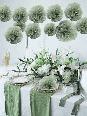 12 piezas de bolas de flores de papel verde, decoración de fiesta de boda, pompones de papel, decoración de fondo para fiesta de cumpleaños, adecuado para vacaciones, aniversario, boda, Día de San Valentín