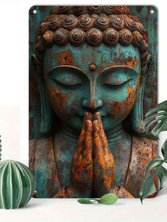 佛像风格复古金属标牌 - 易于安装，耐用铁艺壁饰，适合居家、咖啡厅、车库和户外装饰，8x12 英寸