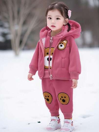 Cute Bear Printed Young Girls Hoodie Tops+Vest+Pants 3PCS Suits Sport Autumn Winter Outfits Clothing
