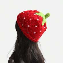 1pc Adorable Red Strawberry Design Knitted Beanie Hat For Women, Handmade Crochet Warm Cap For Autumn & Winter Daily Casual Wear Hat Valentine's Day