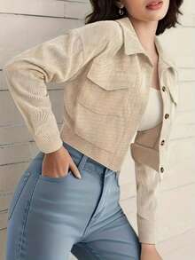 Women's Casual Elegant Corduroy Short Jacket, Drop Shoulder Design With Flap Pockets And Buttons