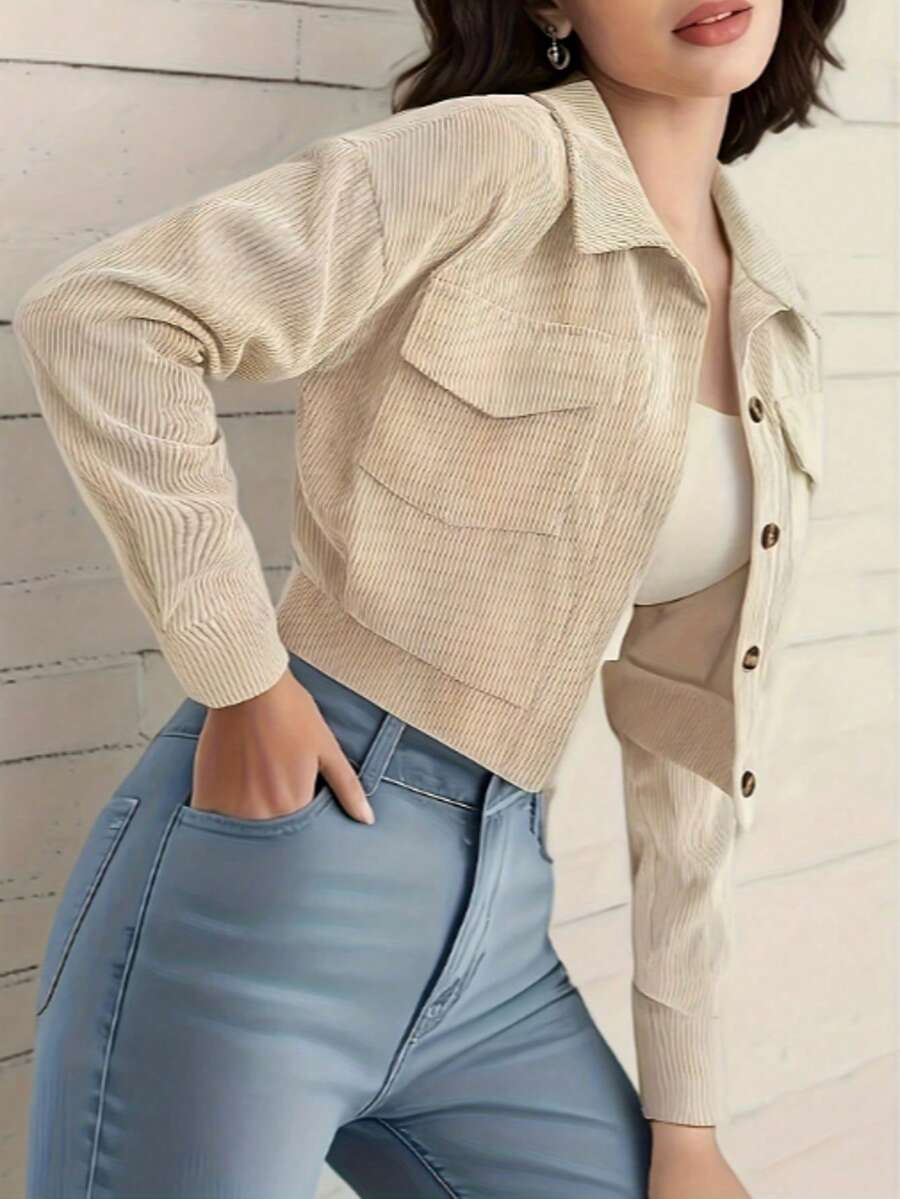 Women's Casual Elegant Corduroy Short Jacket, Drop Shoulder Design With Flap Pockets And Buttons