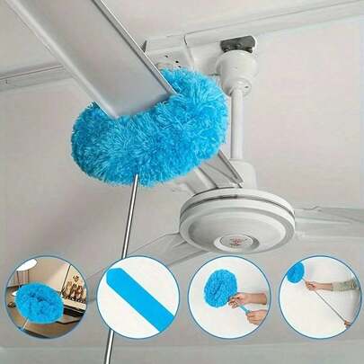 吊扇清洁掸子，长柄超细纤维吊扇掸子，可重复使用的超细纤维吊扇叶片清洁器（带延长杆），可机洗，轻松清洁刷 - 可拆卸刷子，易于清洁，非常适合房车和家庭使用，用于清洁墙壁、书架、家具、门窗顶部