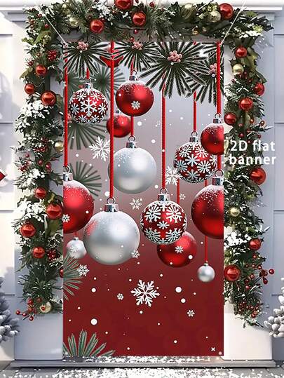 1pc Christmas Happy Door Banner, Christmas Themed Decorative Door Cover, Christmas Ball Pattern Door Flag, 35.4inX70.8in, Durable Polyester Material, Christmas Decoration, Christmas Themed Party Decor, Outdoor And Indoor Decoration, Ideal For Porch, Yard, Garage And Home Decor