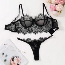 性感内衣 时尚黑色蕾丝透明诱惑，性感内衣套装，性感蕾丝睫毛款式，黑色花卉蕾丝，现代时尚风格，经典诱惑，假日风格，两件套内衣套装展现女性性感魅力，舒适居家 - 黑色 - 查看 7
