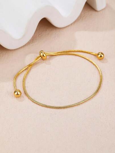 1pc Minimalist Stainless Steel Snake Bone Chain Bracelet, Adjustable Drawstring & Bead Design, Women's Style,