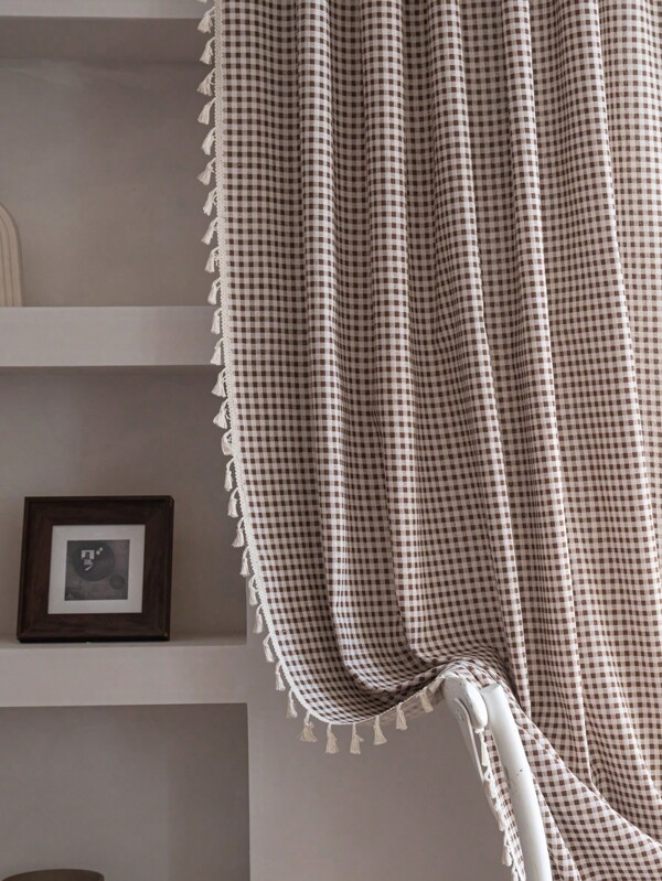 Bubaba 1pc Checkered Print Curtain, Simple & Fresh Cute Style Beige Tassel Blackout Curtain, Suitable For Children's Room, Dining Room, Hotel Bedroom, Holiday, Party, Bohemian