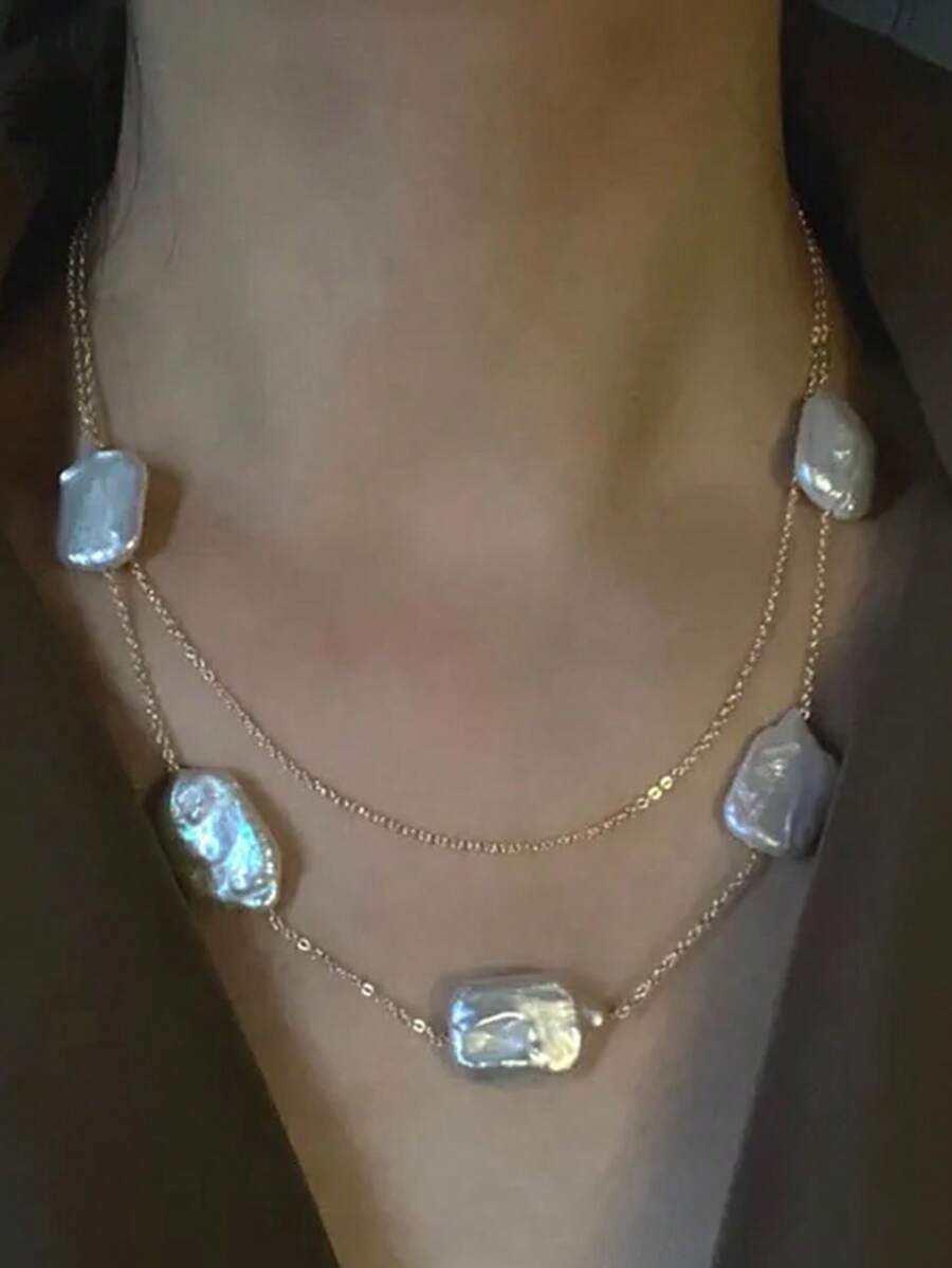 1 件巴洛克仿珍珠奢华金属多层项链，适合女士，适合派对、庆典、宴会和日常佩戴配饰，秋冬 - 彩色 - 查看 1