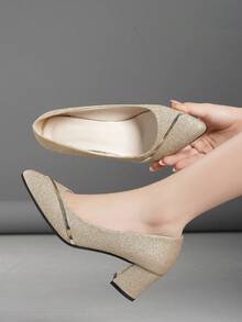 1 Pair Teens' Silver & Gold Glitter Pointed Toe Chunky Heel Slip-On Dress Pumps, Durable Outdoor Party High Heels