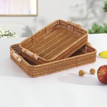 1 pieza Cesta de frutas tejida a mano de ratán, cesta de pan rectangular, cesta de almacenamiento para el hogar, bandeja para la sala de estar, bandeja para té, plato de frutas, cesta de aperitivos, resistente al calor, utensilios de cocina duraderos