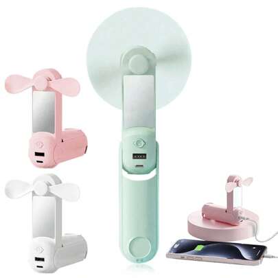 Portable Foldable Handheld Mini Fan 270 ° Adjustable 1200mAh Rechargeable Battery Powered Mini Pocket Fan For Travel Camping Beach Multifunctional Fan/Makeup Mirror/Flashlight/Mobile Power Bank