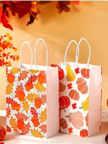 4/8/12 حقيبة هدايا خريفية قابلة لإعادة الاستخدام - حقيبة ورق كرافت مع أنماط أوراق القيقب والقرع، تغليف هدايا موسمي وديكور عيد الحصاد، حقيبة تسوق لمراكز التسوق، حقيبة هدايا حلوى من الورق الكرافت مطبوع عليها أوراق القيقب - متعدد الألوان - مشاهدة 3