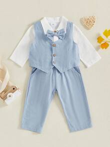 Conjuntos de pantalones de 3 piezas de otoño para bebés niños, conjuntos de pantalones con tirantes y chaleco con solapa y botones de manga larga - Azul - Ver 2