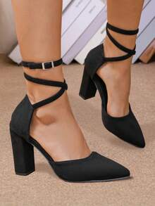 Sandalias romanas con cordones y tacón de bloque de 9 cm de color negro para mujer, con punta puntiaguda y aspecto estilizado, adecuadas para ocasiones diarias y de citas. - Negro - Ver 5