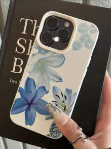 1 pieza Funda de teléfono con textura blanco, diseño minimalista de tortuga marina azul y patrón floral, compatible con iPhone 16 Pro Max, 15/14 Plus, 13, 12, 11, resistente al agua, a los golpes y a los arañazos