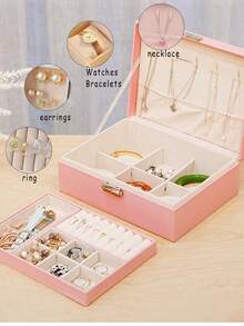 Double Layer Large Capacity Jewelry Box, PU Leather Jewelry Storage Box, Home Jewelry Storage Box, Jewelry Display Box, Solid Color Rectangular Jewelry Storage Box, Dressing Table Jewelry Storage Box, Stackable Storage Box, Keychain Jewelry Box With Removable Tray, Multifunctional Storage For Earrings, Bracelets, Rings, Necklaces, Bedroom Storage Essentials, Back To School Season Essentials, Mom Gifts, Birthday Gifts, Holiday Gifts