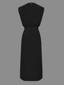 女士纯色纽扣开衩圆领修身中长连衣裙，优雅梭织面料，夏季黑色 - 黑色 - 查看 8