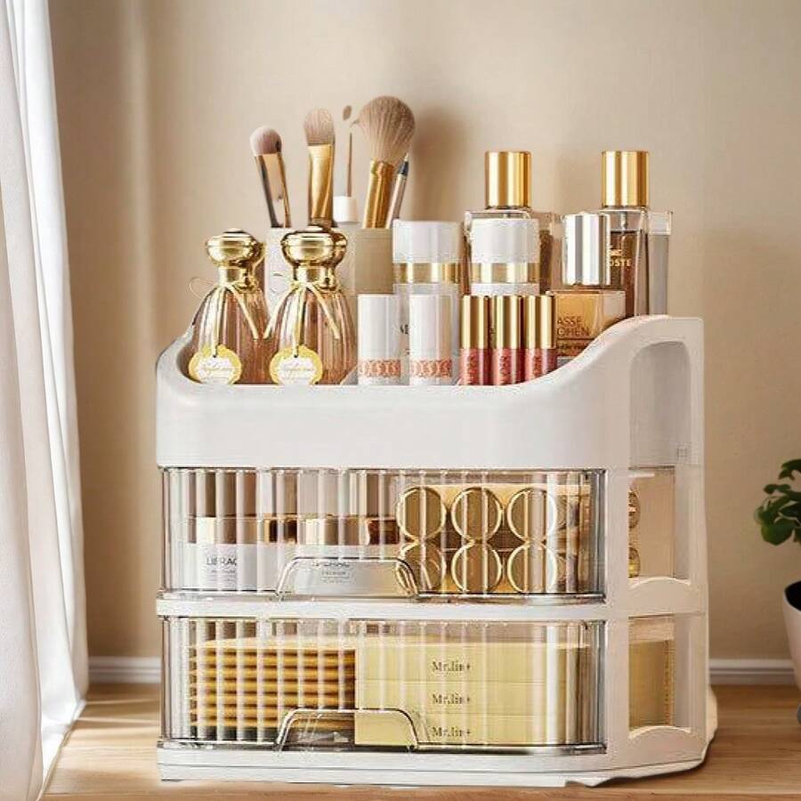 3-Shelf-5-Shelf Cosmetic Organizer, Dressing Table Cosmetic Organizer With Drawers - Spacious Storage Space For Skincare Products, Brushes, Eyeshadows, Lotions, Lipsticks, Nail Polishes - Perfect For Dressing Tables, Bathrooms, Bedrooms And Vanities - Màu be 3 lớp - Xem 1