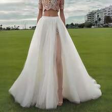 1pc 3-Layer Tulle Skirt, Side Slit, Elegant New High Waist Detachable Train Beach Dress, Suitable For Wedding/Party/Halloween, Lightweight Sheer, Ideal Women's Autumn Outfit