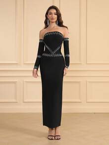 LOVE Aing Women's Black Long Sleeve Rhinestone Slit Elegant Sleeve Gown, Sexy Formal Party Dress For Wedding Guest, Cocktail, Prom