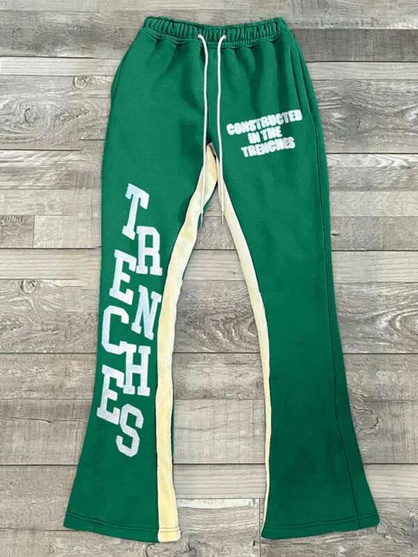 Men's Green Contrast Color Casual Pants, New Spring/Autumn Loose Fit Fashion Print Drawstring Flare Leg Trousers